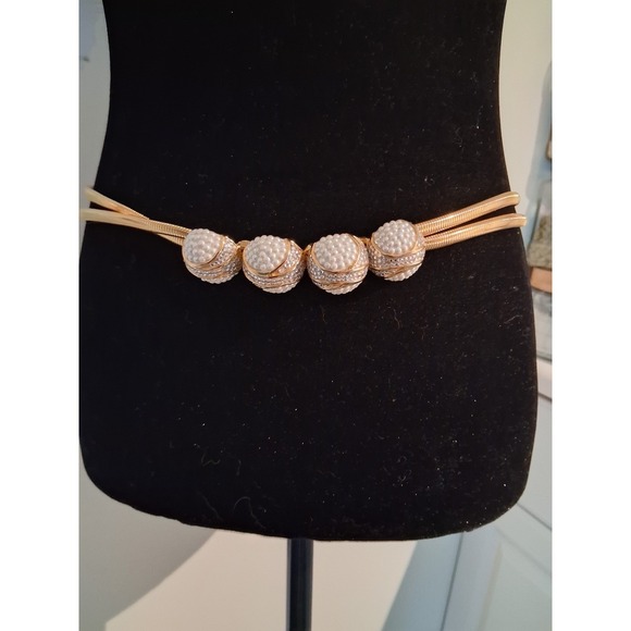 Judith Leiber Accessories - Judith Leiber Vintage Gold Double Snake Chain Belt Faux Pearl Crystal Bauble 31"